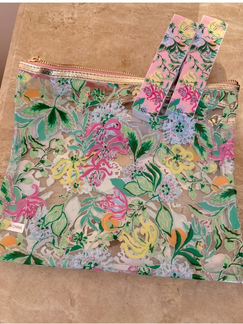 Floral Clear Pouch and towel clips Pink & Green